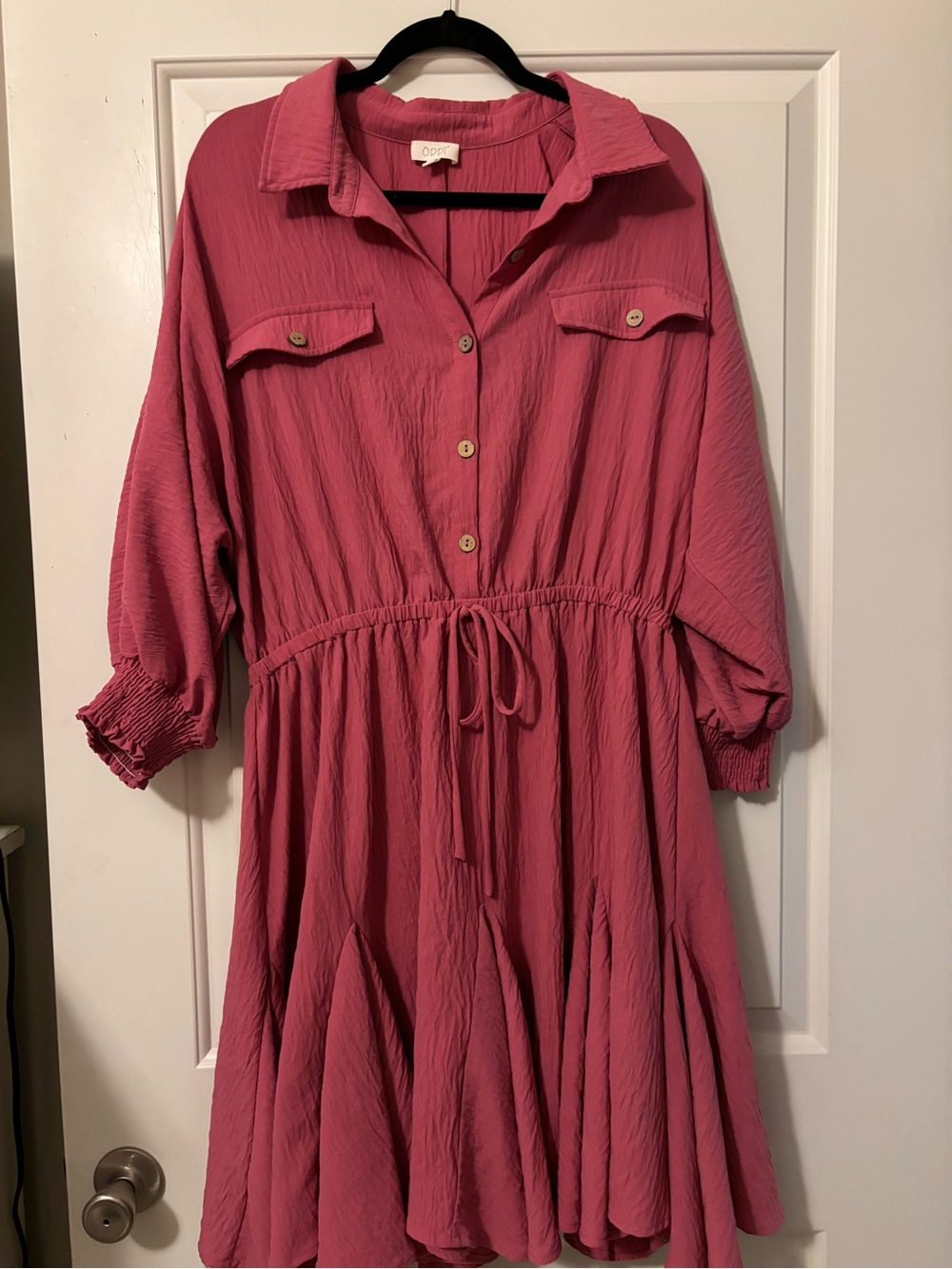 Oddi Pink Button-Front Drawstring Waist Dress